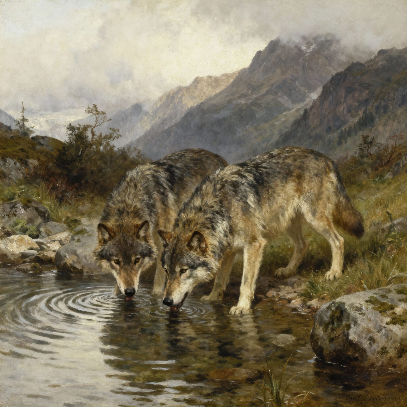 Two Wolves Drinking from Mountain Stream Oil Painting