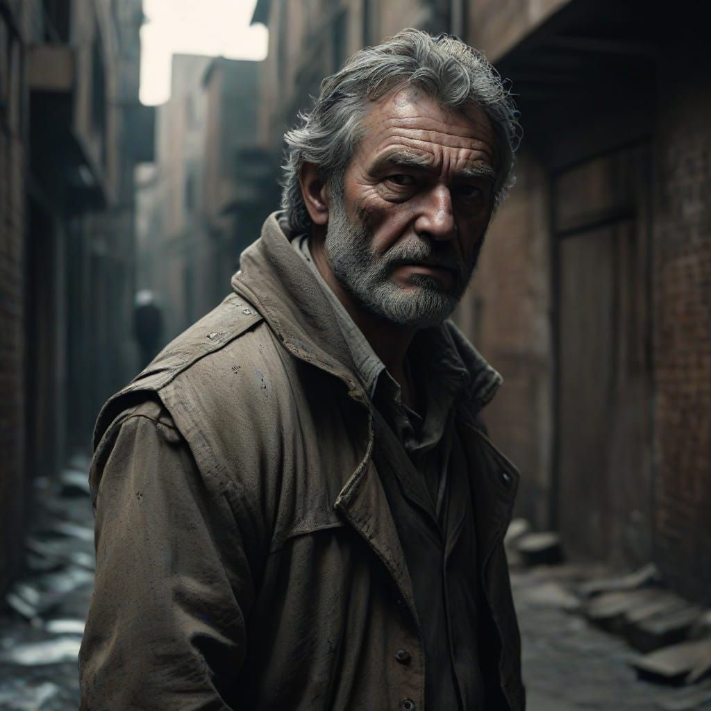 Grizzled Character Concept Art in Dark Alley