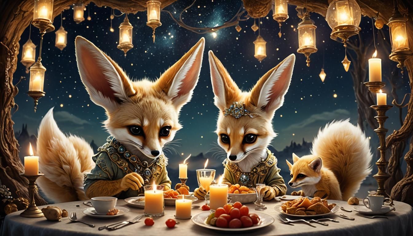 Fennec Foxes' Candlelit Dinner in Surreal Starscape