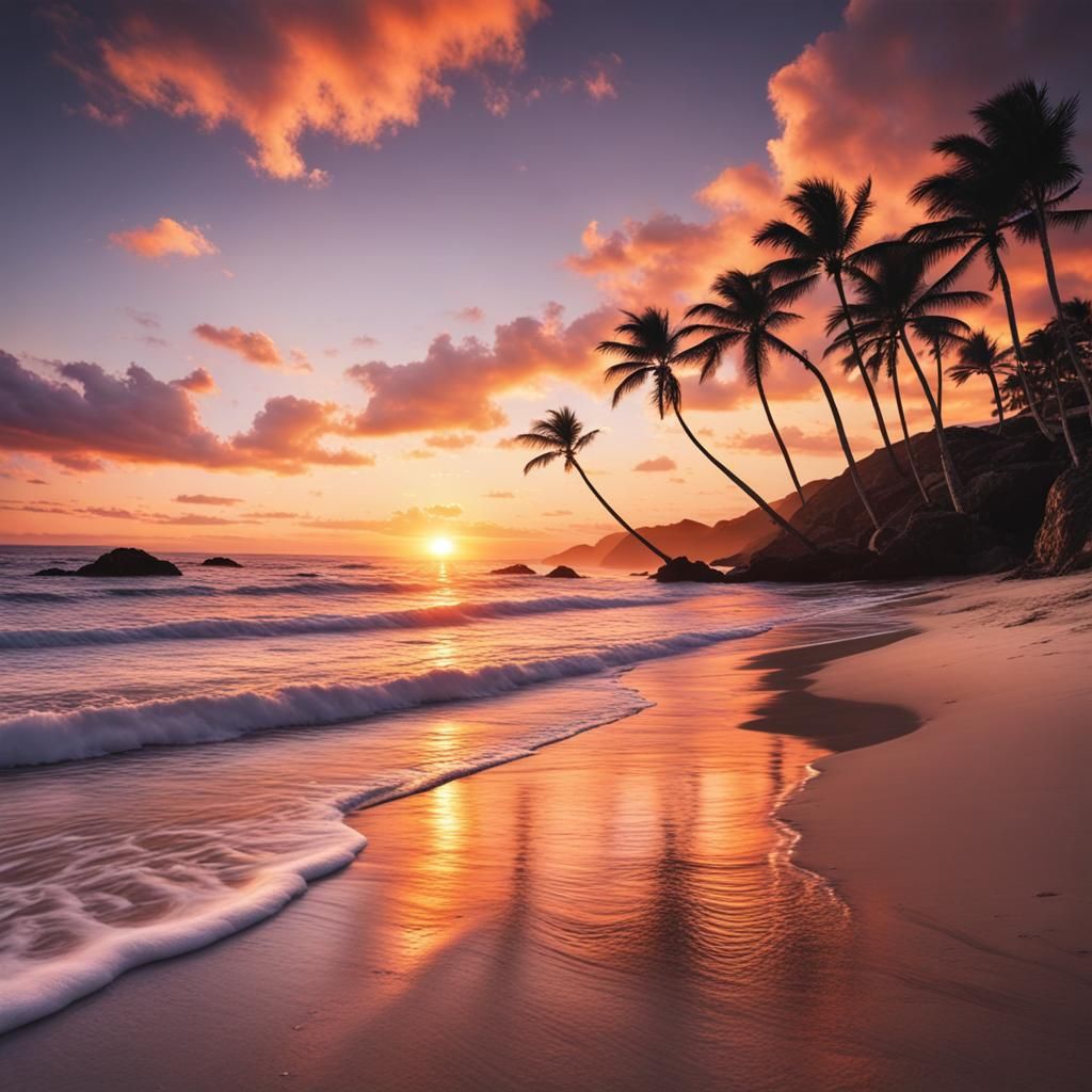 Stunning Beach Sunset Over Ocean Horizon