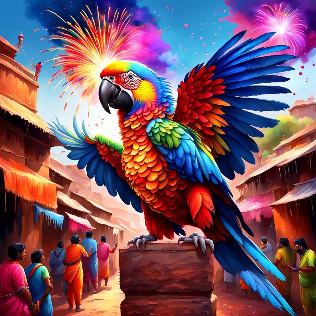 Vibrant Bhil Art Parrot in Holi Celebration Colors