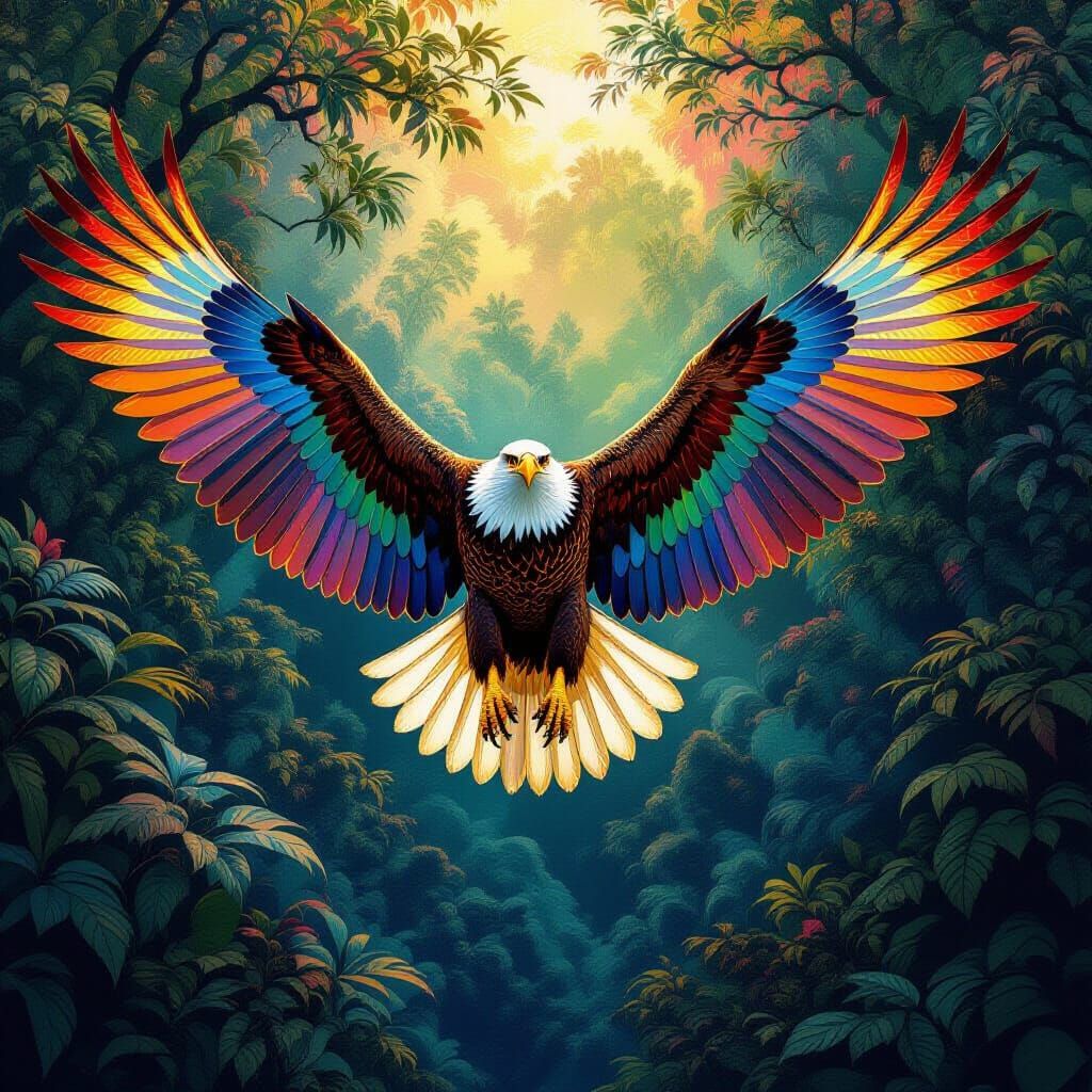 Eagle with Parrot Wings in Fractal Forest, Digital Art