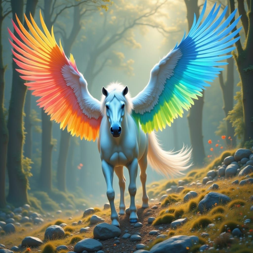 Ethereal Frost Angels: Majestic White Flying Horse with Vibr...