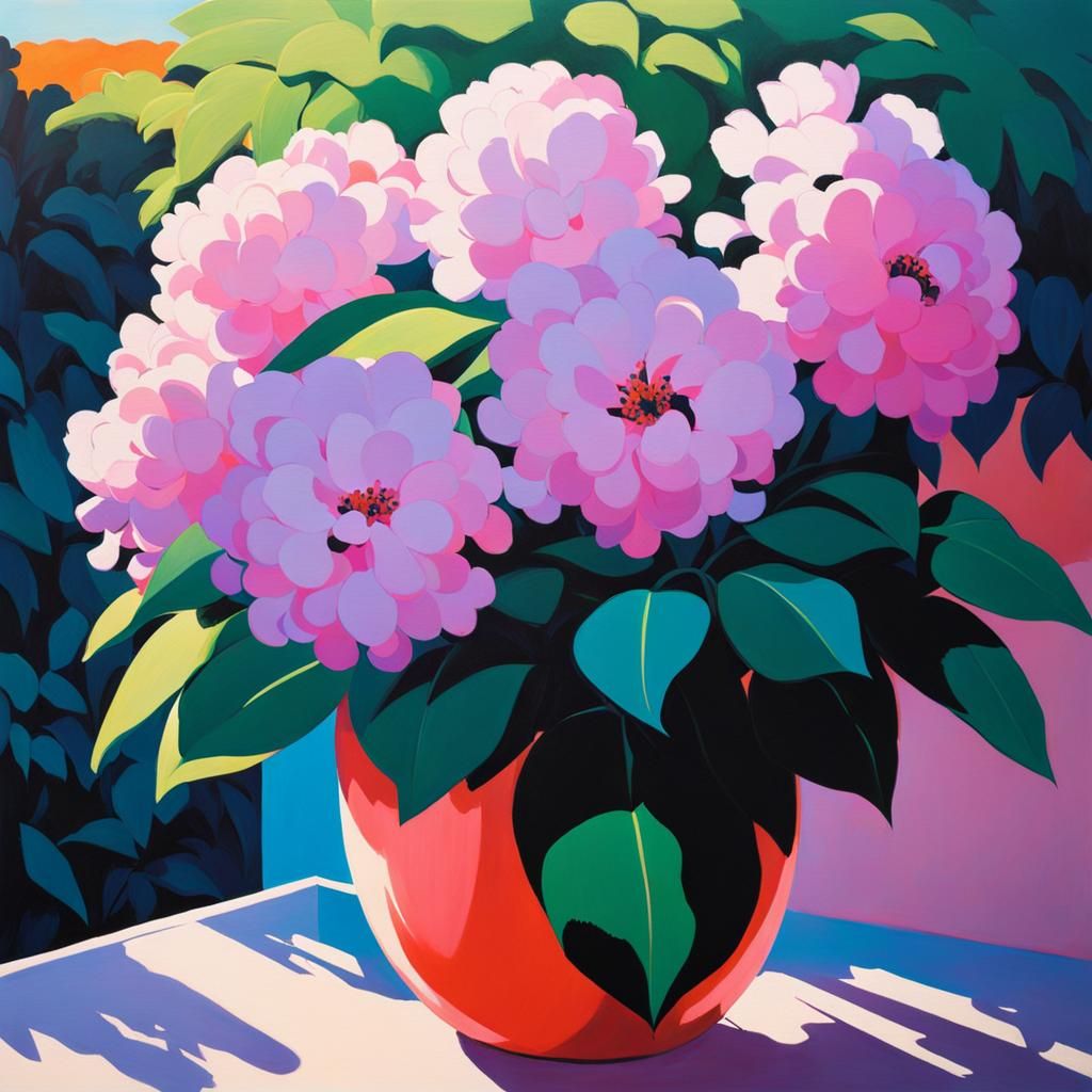 Impressionistic Sunset Scenery with Pink Flowers