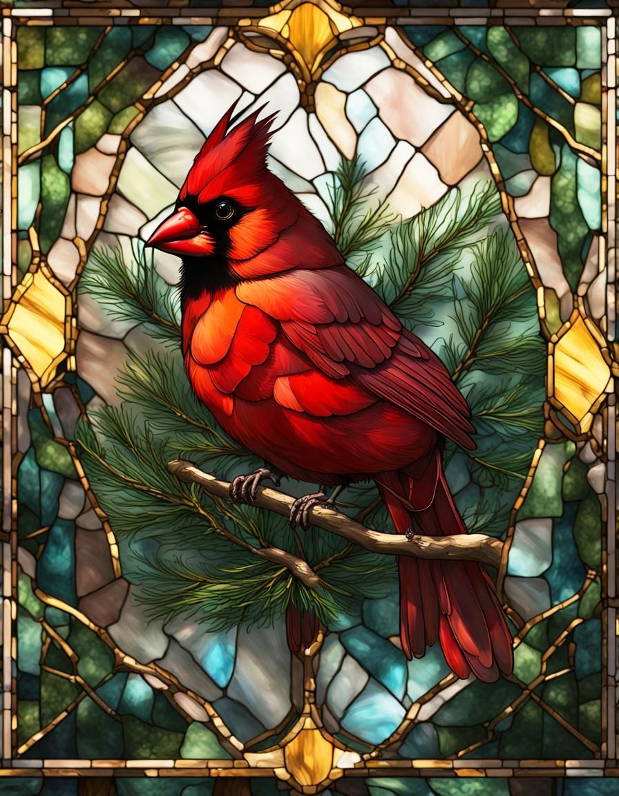 Cardinal in Evergreen: Stained Glass Alcohol Ink Art