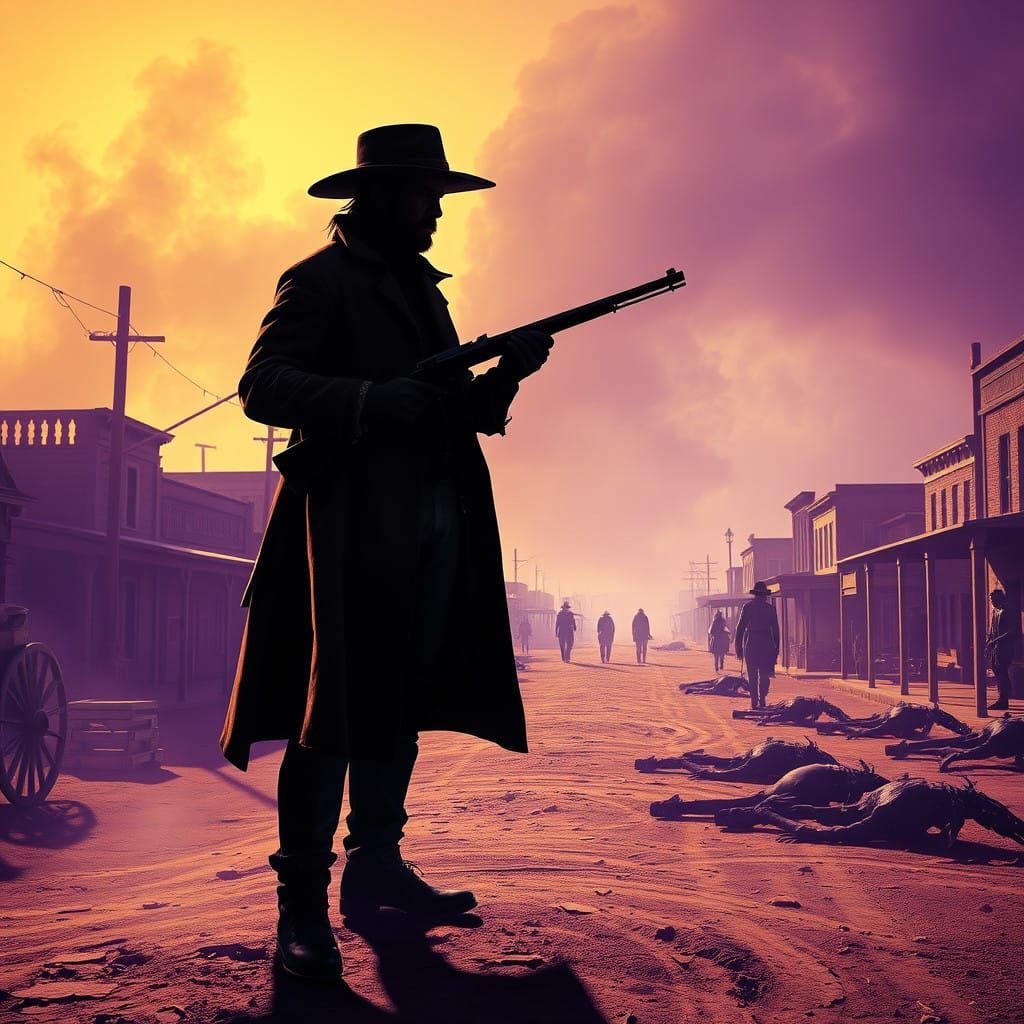 Frontier Town Silhouette in Desolate Landscape