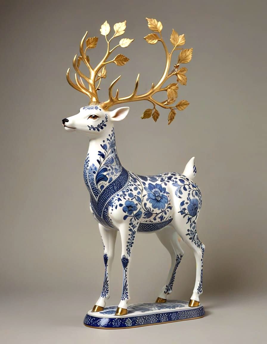 Floral delft blue ceramic deer with golden antlers