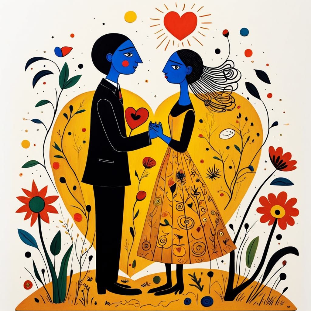 Dreamlike Folk Art Couple on Golden Valentine in Miro Style