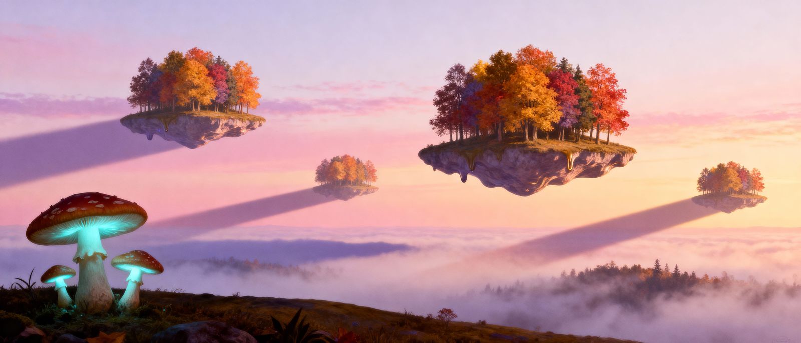 Surreal Autumn Landscape with Floating Islands and Glowing M...
