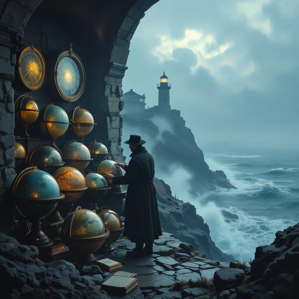 Lighthouse Keeper with Celestial Globes in Misty Observatory