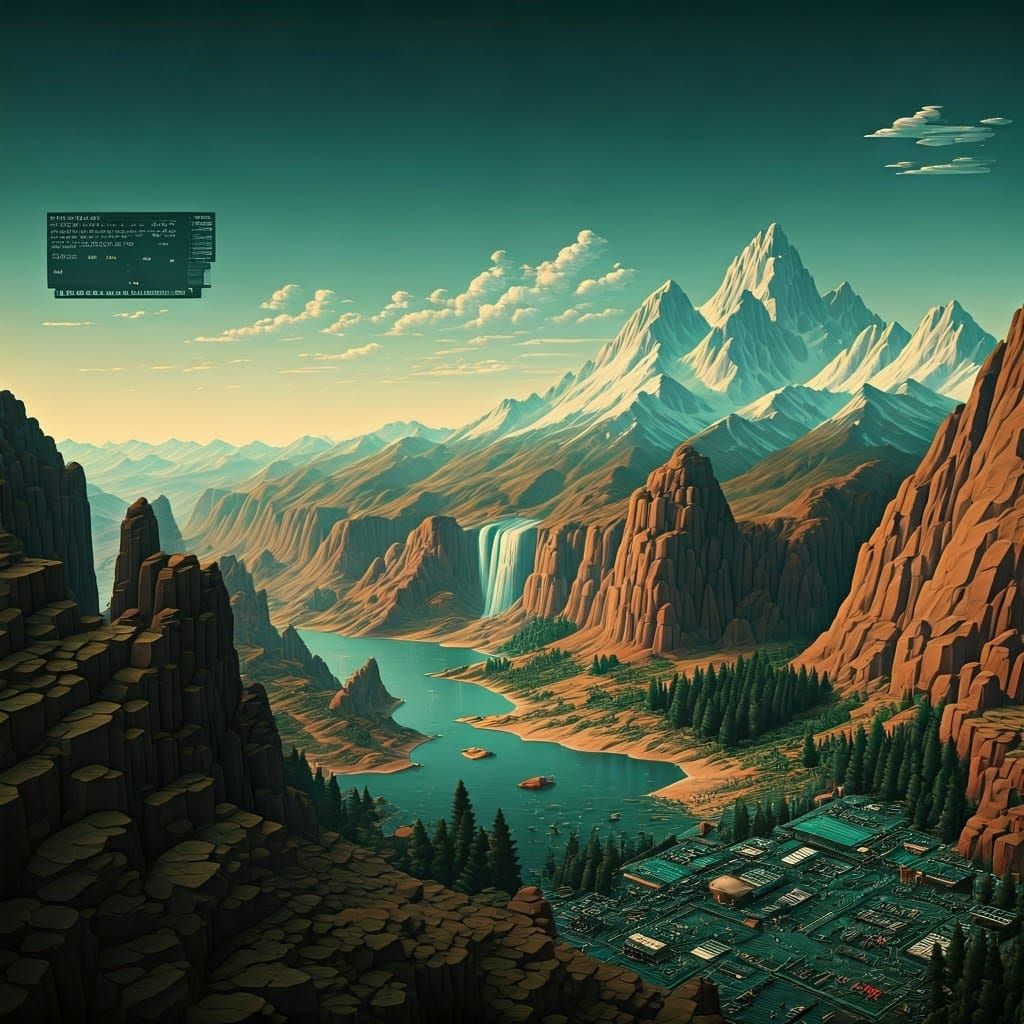 Cyberpunk Landscape in Escher-Inspired Glitch Art