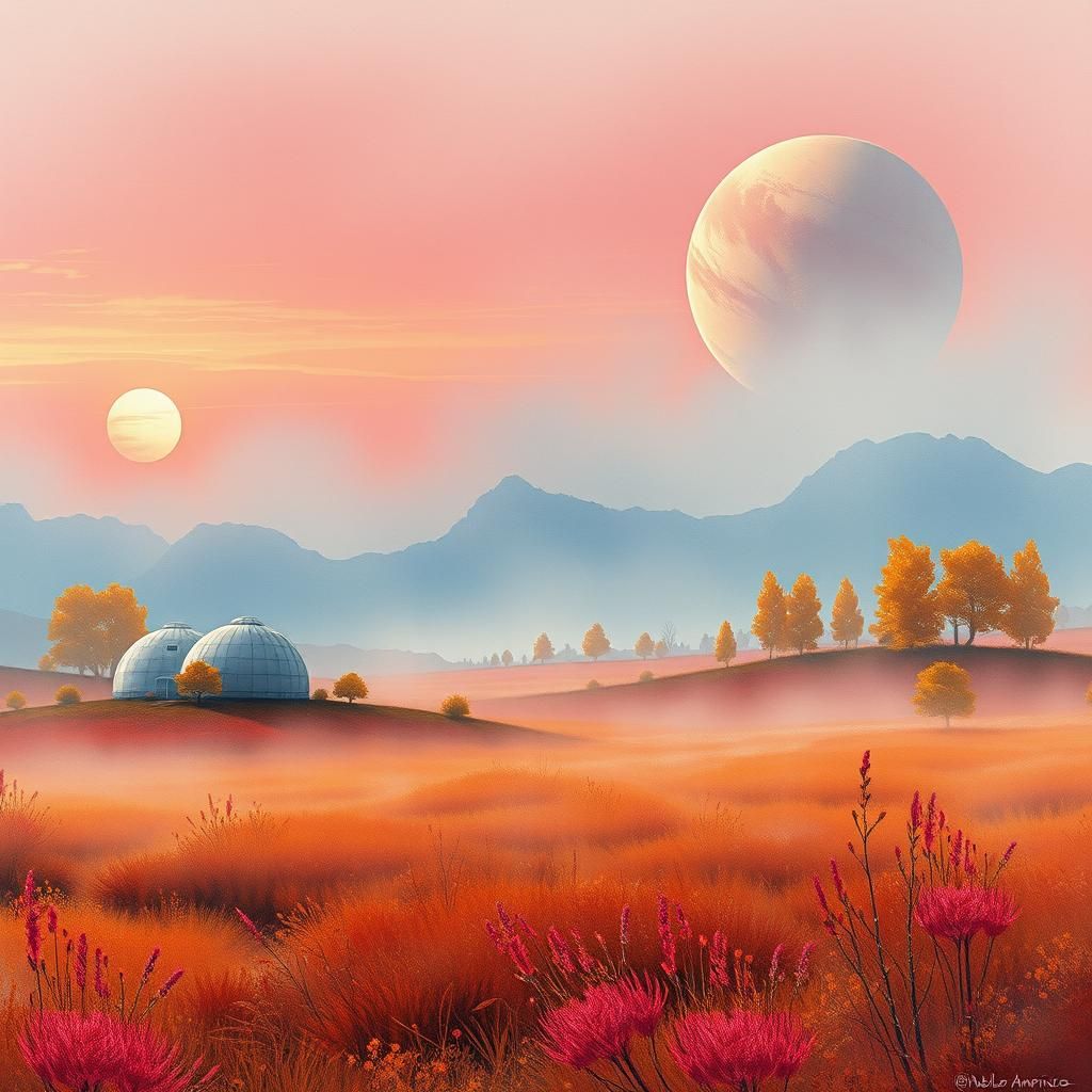 Science Fiction Landscape in Watercolor Oil Painting