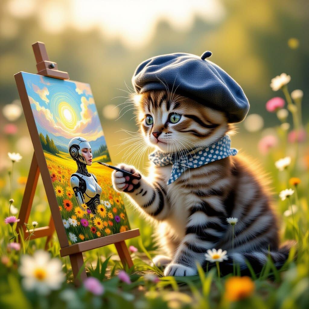 Kitten Paints Cyborg Portrait in Dreamlike Photorealism
