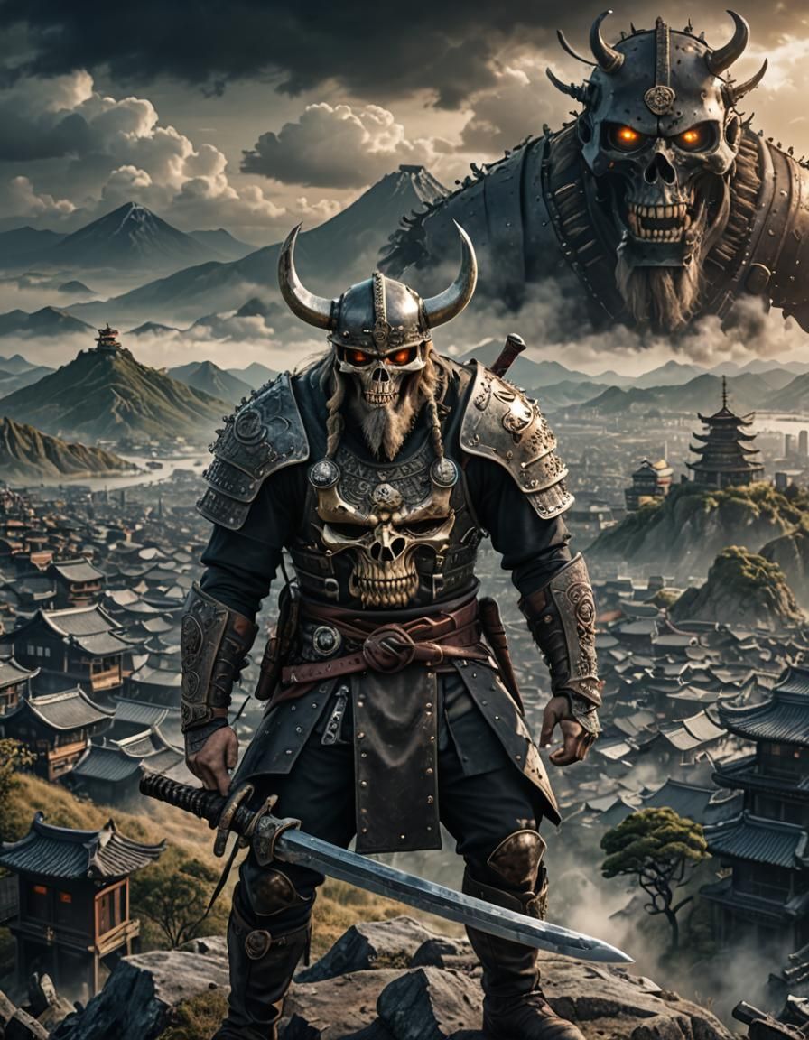 Viking Skull Samurai Warrior on Hill