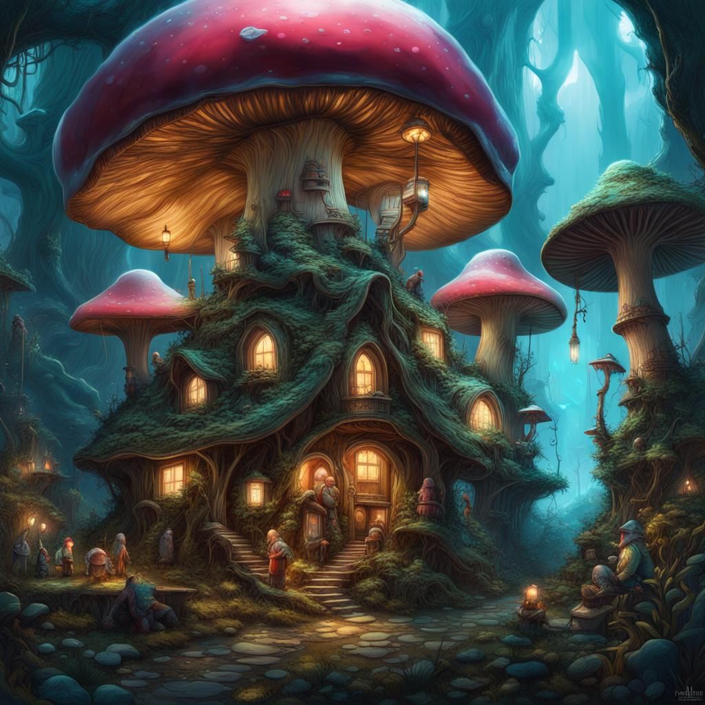 Bioluminescent Gnome Village in Giant Mushroom