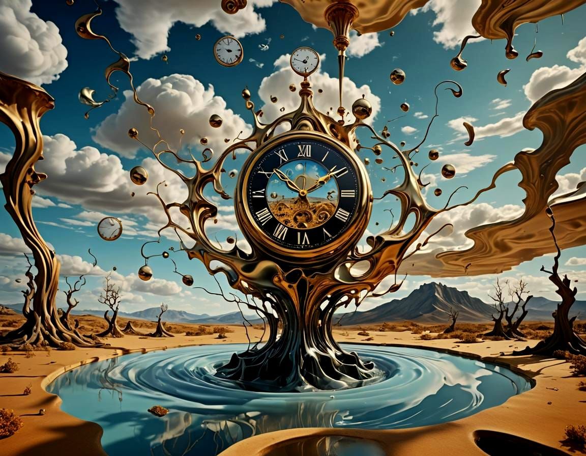 Surreal Melting Clock in Dreamlike Landscape, 3D Render
