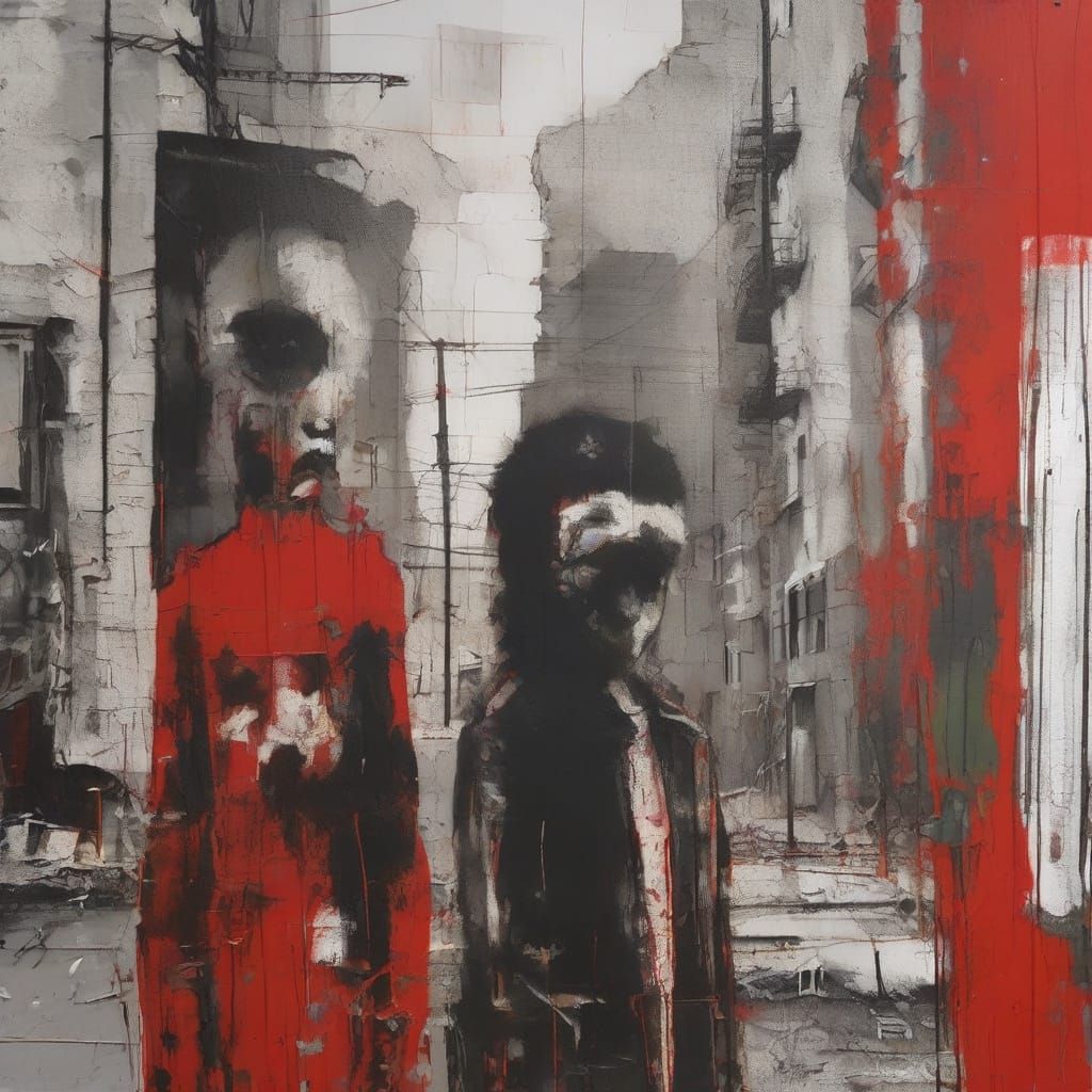 Boy and Dog in Urban Landscape, Neo-Primitivist Style