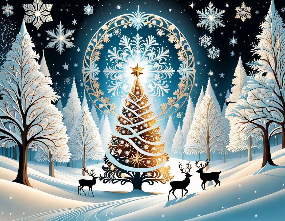 Angelic Christmas Scene with Reindeer and Snowflakes