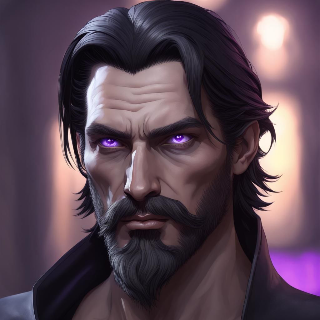 Ominous Portrait: Man with Purple Eyes in Raven Aesthetic