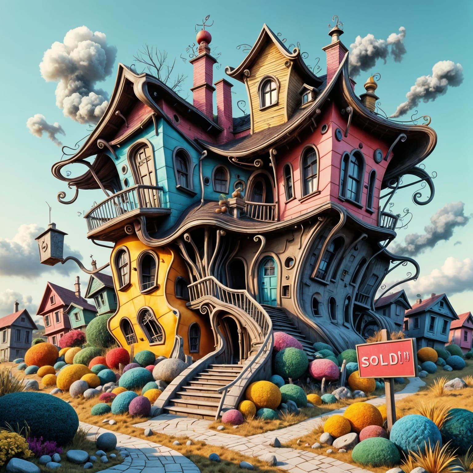 Vibrant Pop Art House Scene in Triadic Colors