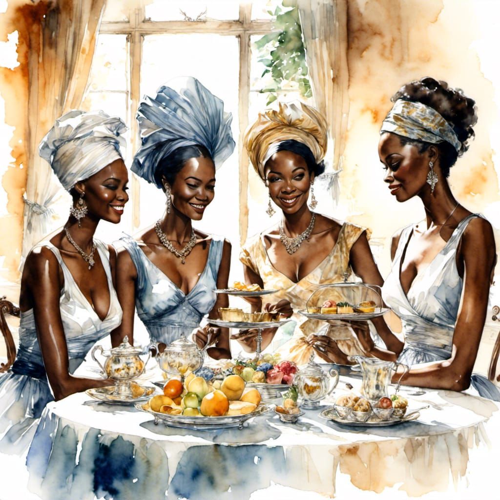 Retro Watercolor of African American Women at High Tea