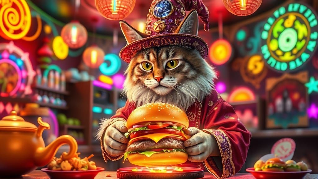 Mystical Wizard Cat Chef in Neon Magic Burger Diner