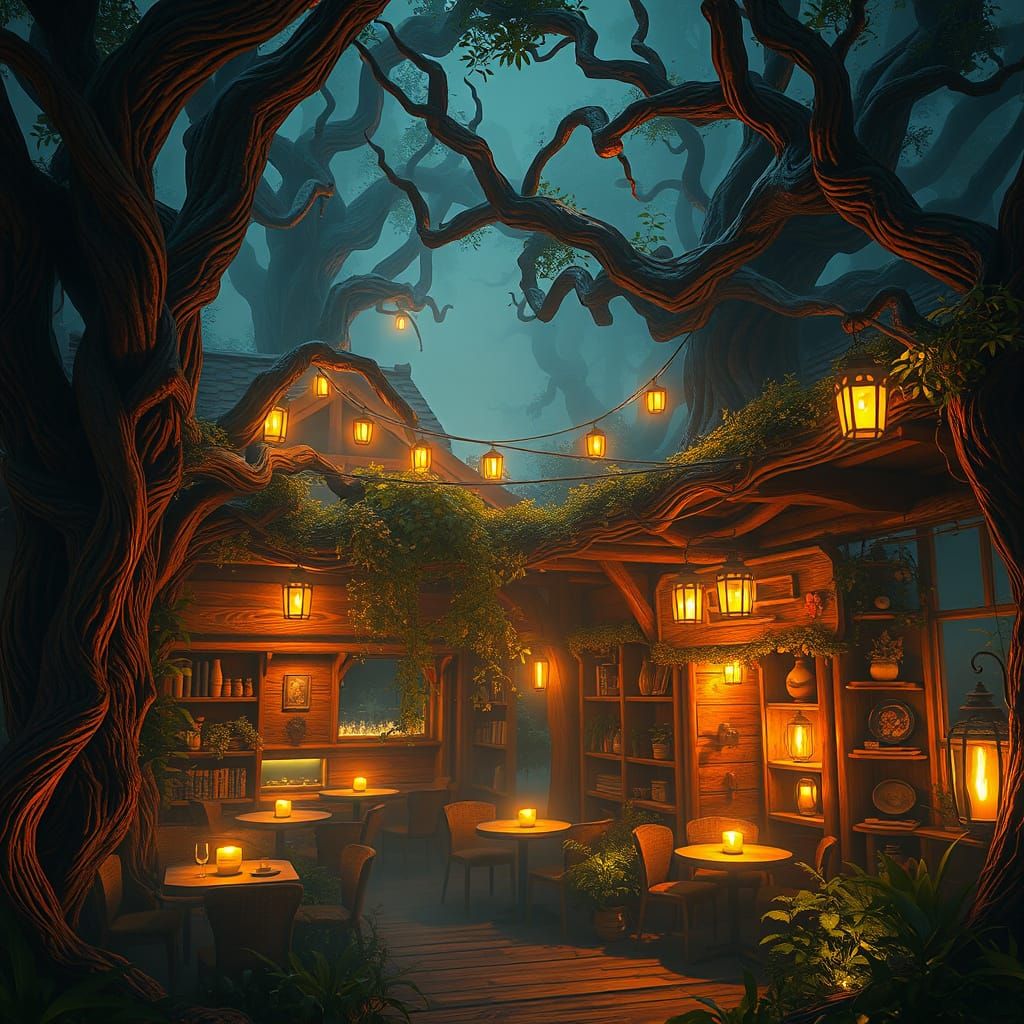 Whimsical Nighttime Cafe Amidst Ancient Trees
