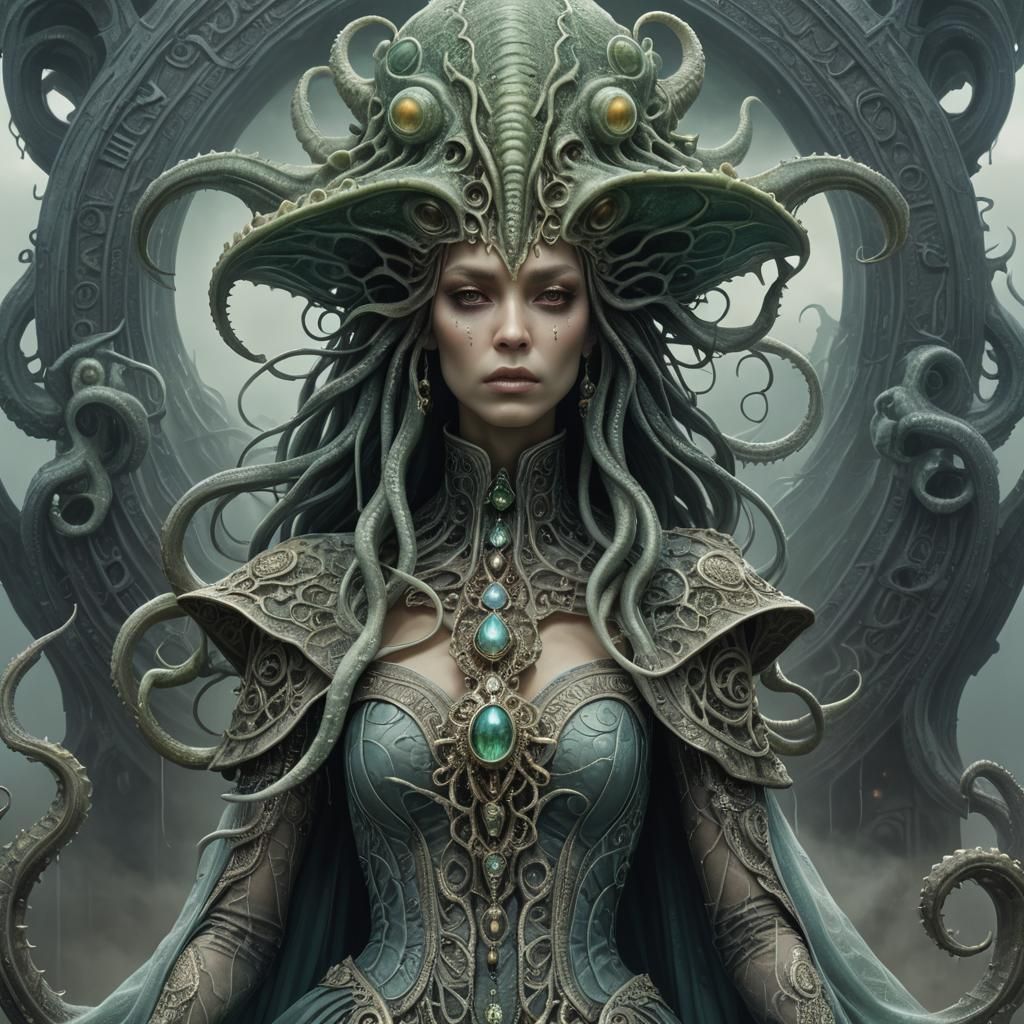 Female Cthulhu in Baroque Fantasy Attire with Tentacles