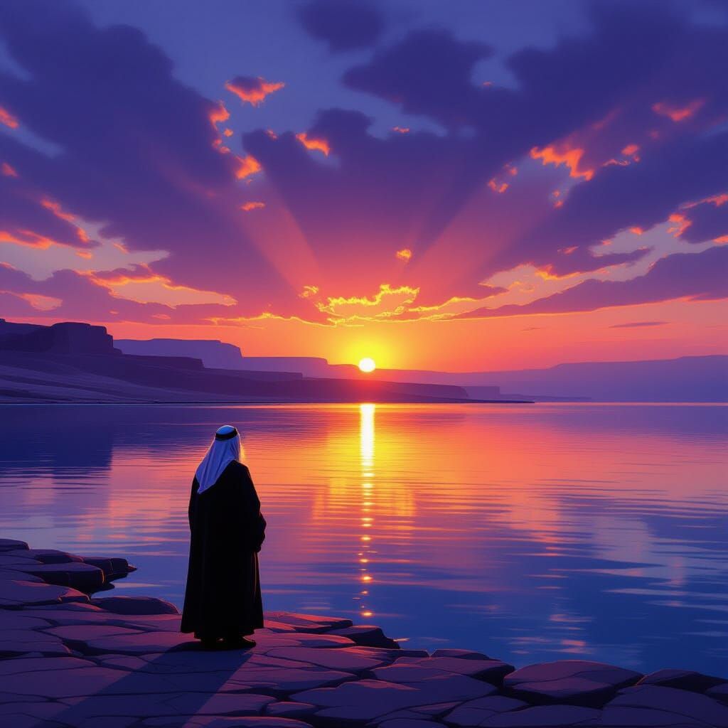 Rabbi Contemplates Dead Sea Sunset: Vintage Photography