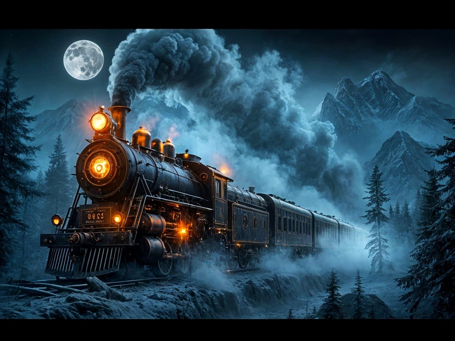 Epic Steamtrain Soars Through a Mystical Forest Night