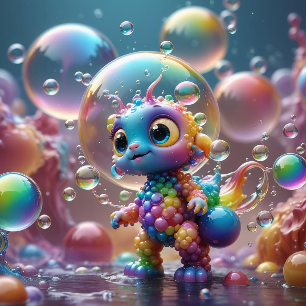 Rainbow Soap Bubble Creature in Surreal World