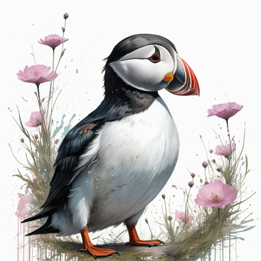 Whimsical Atlantic Puffin Amidst Sea Thrift in Enchanting Di...