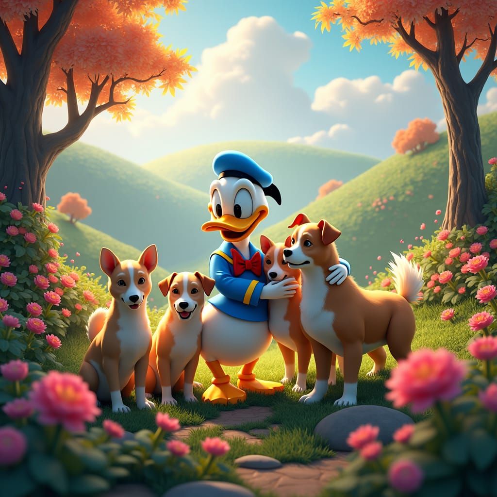 Donald Duck's Whimsical Embrace of Adorable Dogs