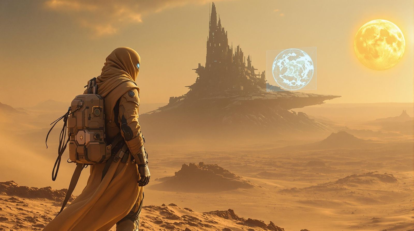Futuristic Desert Explorer Overlooks Spaceship Ruins