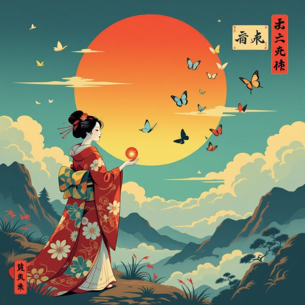 Ukiyo-e Sunrise with Butterflies: Japanese Aesthetic Beauty