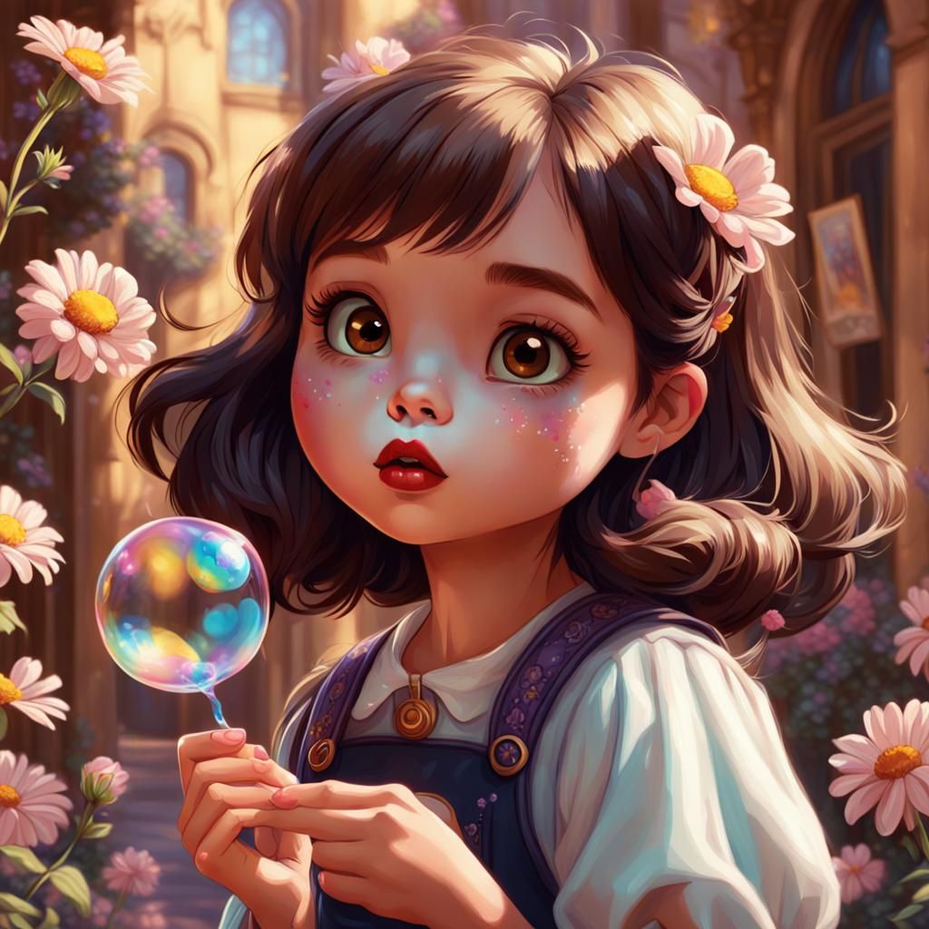 Charming 3D Portrait of Little Girl Blowing Bubble