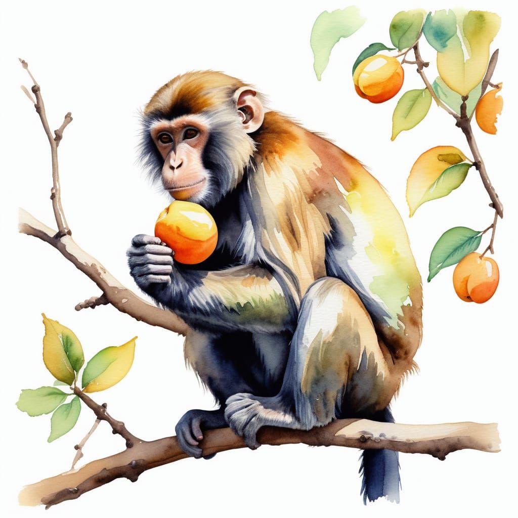 Monkey Nibbling Apricot on Vibrant Tree Branch in Watercolou...