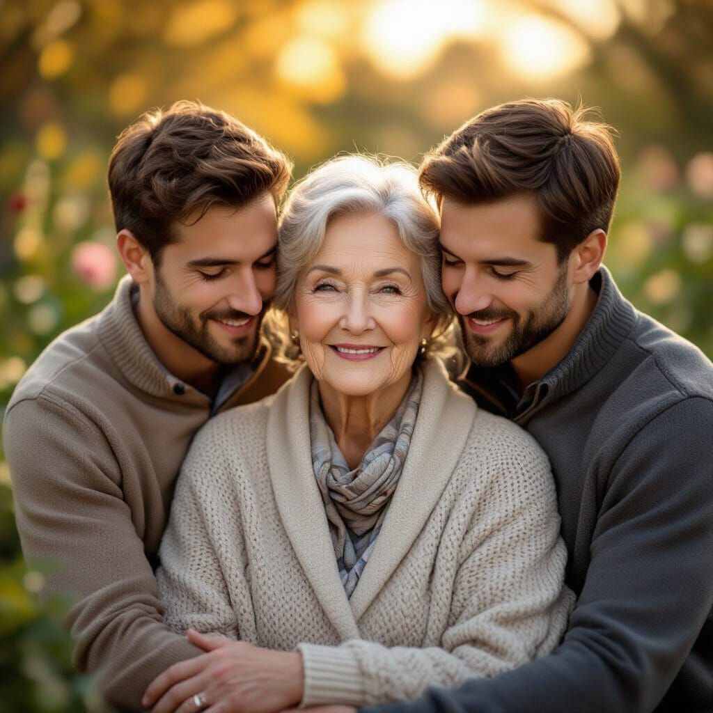 Heartwarming Portrait of an Elderly Mother with Her Sons