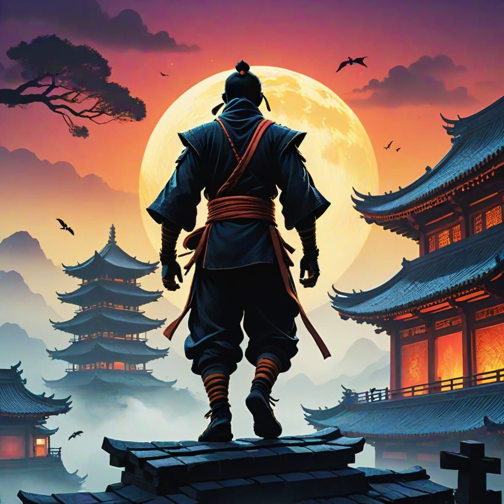 Ninja on Temple Roofs in Moonlit Silhouette