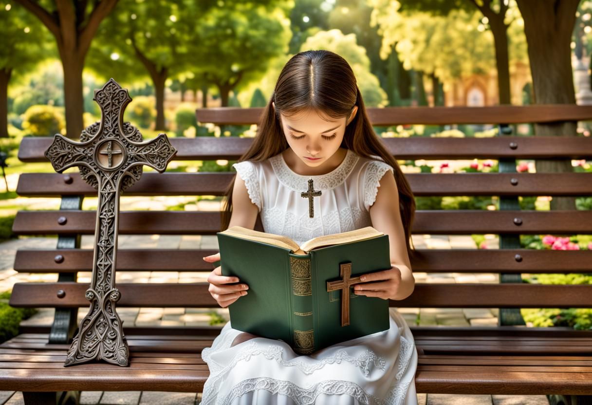 Girl Reading Bible in Garden: Hyperrealistic HDR Image