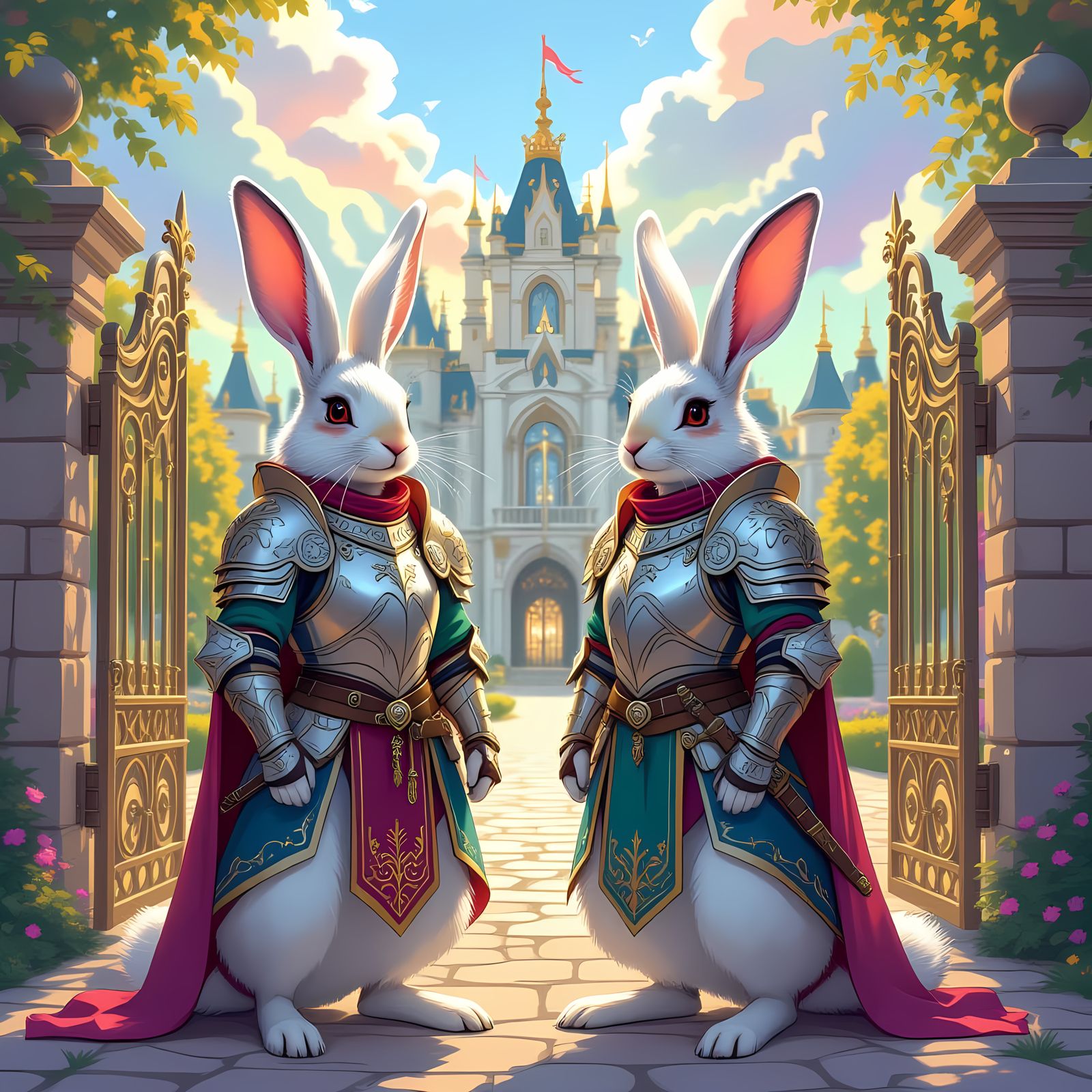 Giant Rainbow Hares Guard Palace Gates in Whimsical Armor