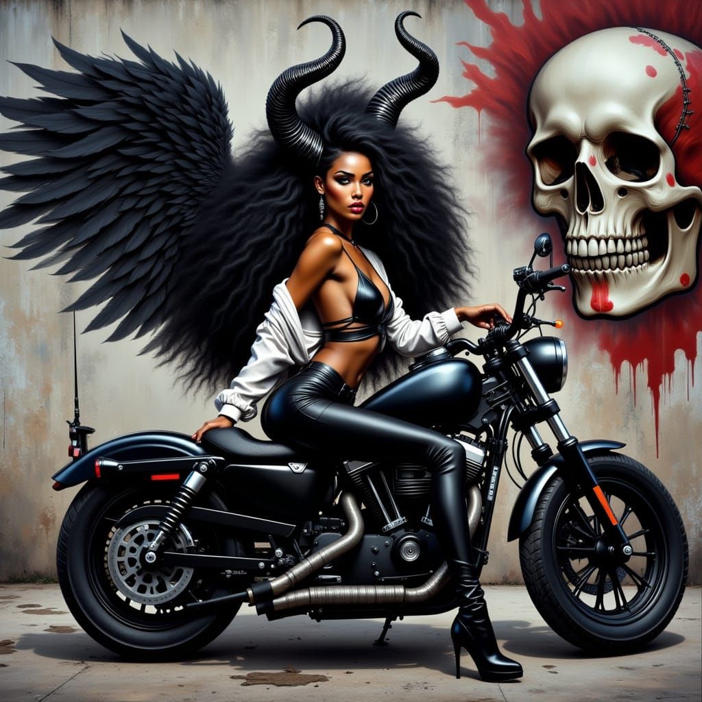 Beautiful Horned Woman on Motorcycle with Graffiti Art