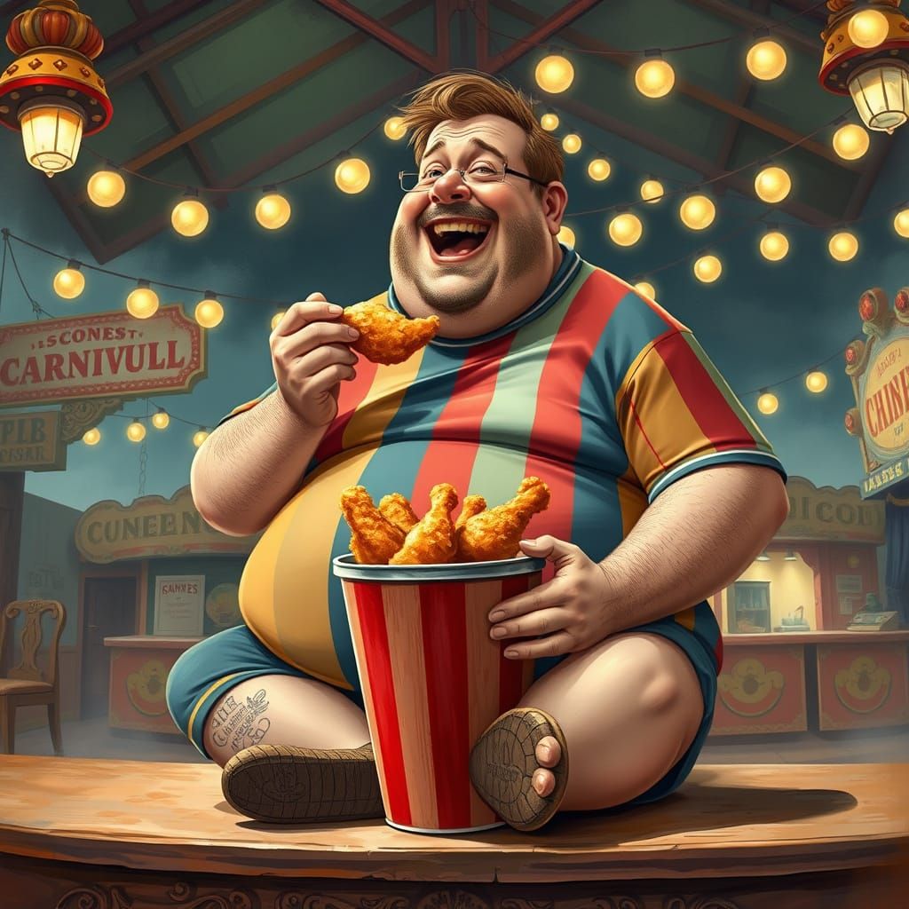 Jovial Carnival Spectacle: A Plump Gentleman Savoring Fried ...