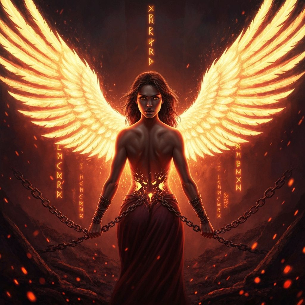 Woman Forges Fiery Wings From Chains, Epic Fantasy Art