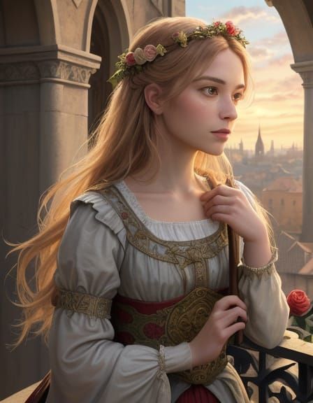 Romantic Medieval Scene with Juliet on Balcony