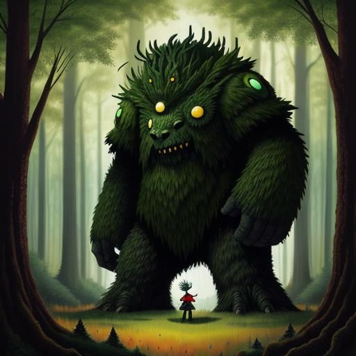 Giant Monster Hidden in Forest, Surrealist Style
