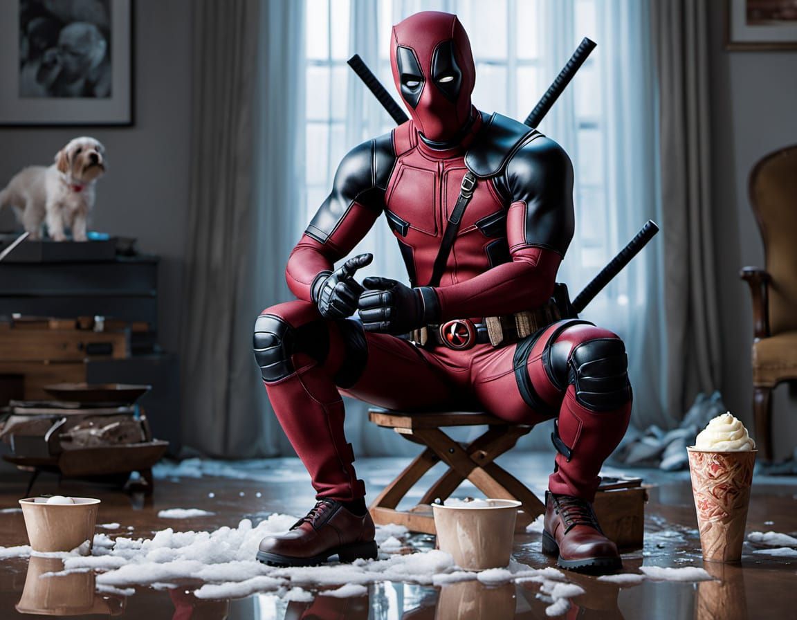 Hyper-Realistic Deadpool Family Portrait with Shar-Pei Puppy