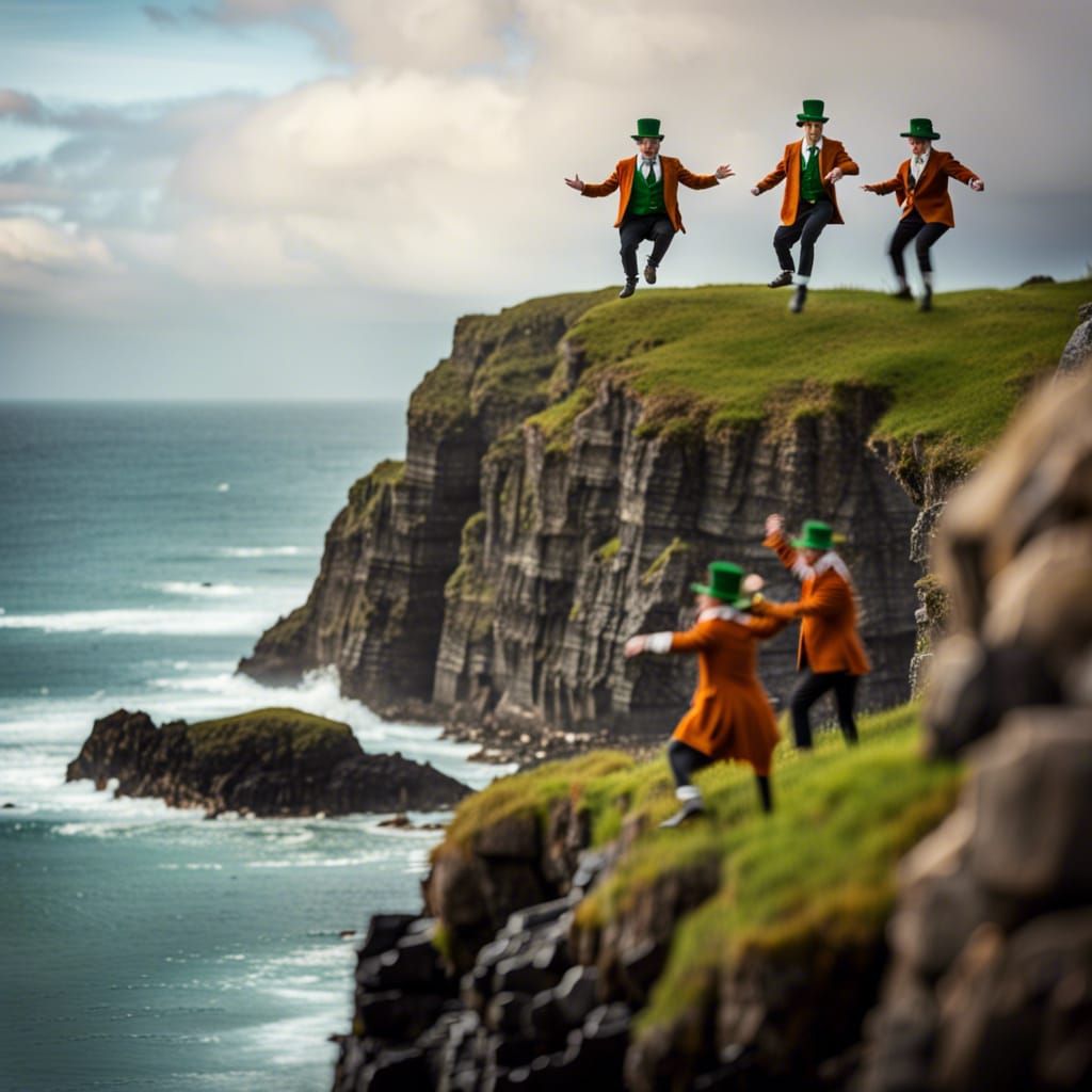 Leprechauns dancing on the rocky coast of Ireland