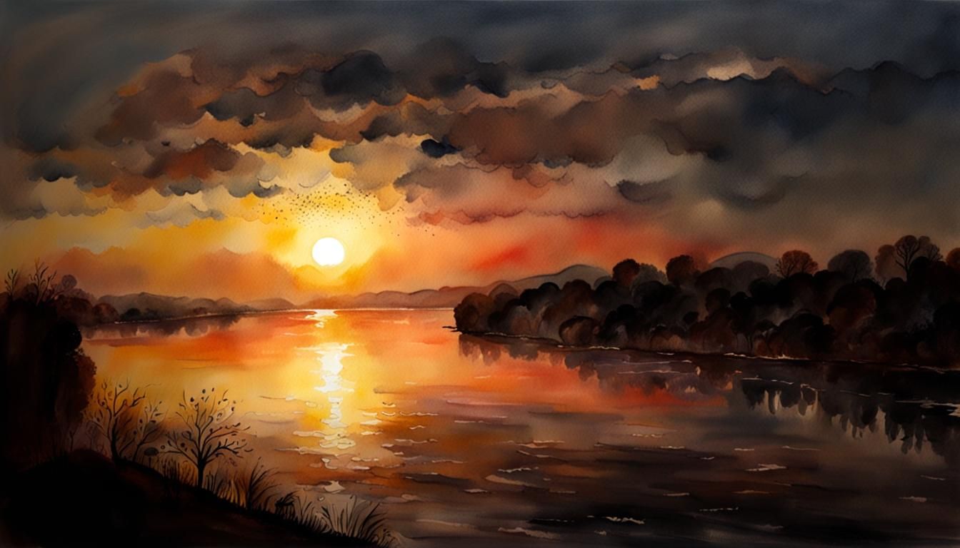 Danube River Sunset in Watercolour Style