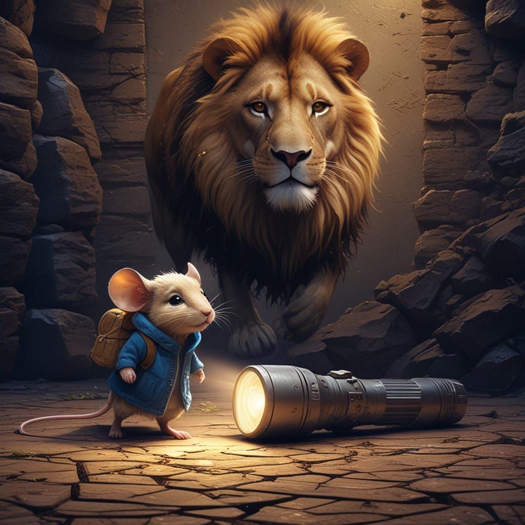 A Mouse in the Shadows Before a Majestic Lion Emerges